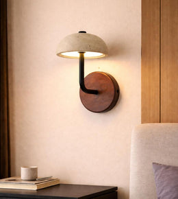 modern stone dome wall light with wooden base mounted beside bed, warm ambient lighting for cozy bedroom