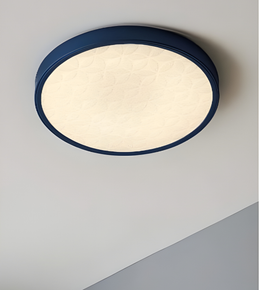 Ceiling light fixture with blue frame and white interior on a gray background