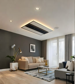 Modern living room with beige sofa, coffee table, and ceiling air conditioning unit.