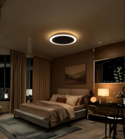 Modern bedroom with a ceiling light fixture, bed, and side table.