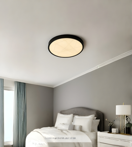 Ceiling light fixture in a bedroom with gray walls and a bed.