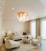 Contemporary designer ceiling light installed in minimalist living room interior with soft lighting