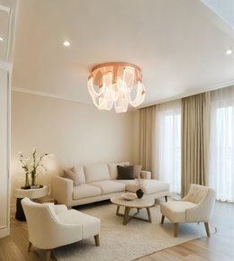 Contemporary designer ceiling light installed in minimalist living room interior with soft lighting