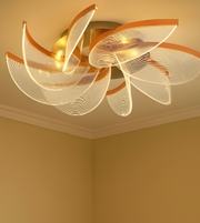 Modern petal-shaped glass ceiling chandelier with gold base and textured glass panels