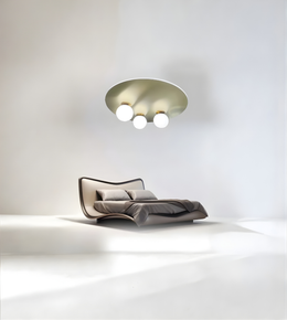 Minimalist bedroom featuring brass disc flush mount ceiling light with opal globe shades