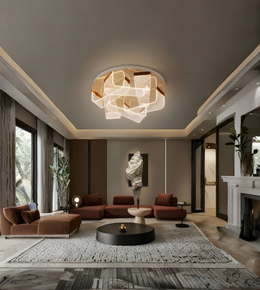 Modern living room with a stylish chandelier, comfortable furniture, and decorative elements.