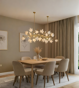 Dining room with a floral chandelier, wooden table, and beige chairs.