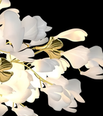White flowers with gold accents on a black background