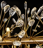 Close-up of a decorative chandelier with crystal-like elements on a black background