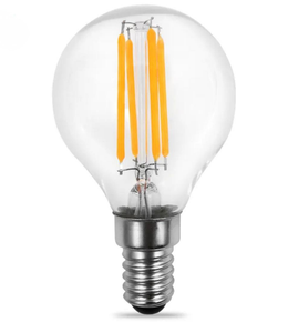 Clear LED light bulb with visible filaments on a white background