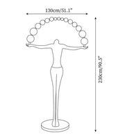 Line drawing of a woman holding a hoop with dimensions indicated