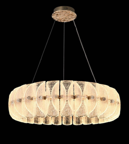 Chandelier with multiple circular glass panels on a black background
