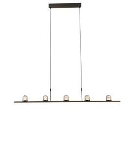 Modern pendant light fixture with five cylindrical lights on a white background