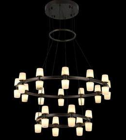 Modern chandelier with multiple light bulbs on a black background