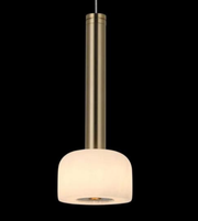 Modern pendant light with white glass shade and metallic fixture on a black background