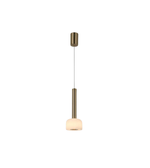 Pendant light with brass fixture and white glass shade on a white background