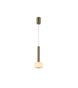 Pendant light with brass fixture and white glass shade on a white background