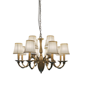 Chandelier with six lampshades on a white background