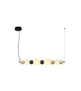 Modern pendant light with round, colored beads on a white background