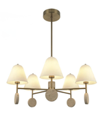 Modern chandelier with six lampshades on a white background