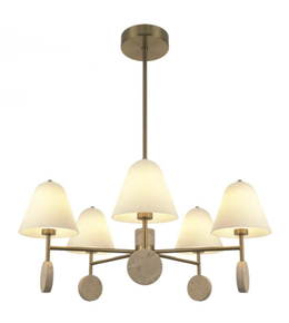 Modern chandelier with six lampshades on a white background