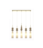 Modern pendant light fixture with five hanging lampshades on a white background