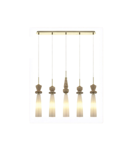 Modern pendant light fixture with five hanging lampshades on a white background