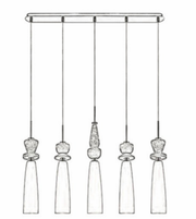 Line drawing of a modern pendant light fixture with five hanging lights.