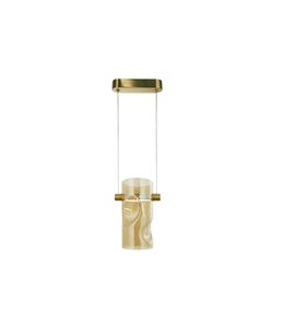 Modern pendant light with gold fixture and marble-like shade on a white background