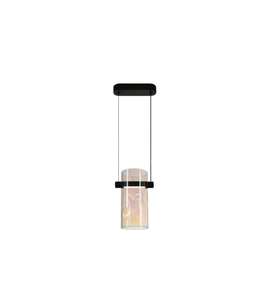 Modern pendant light with black fixture and glass shade on a white background