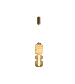 Modern pendant light with two glass shades on a white background