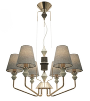 Modern chandelier with gray lampshades and gold accents on a white background