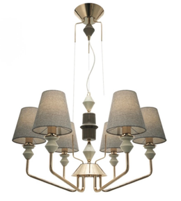 Modern chandelier with gray lampshades and gold accents on a white background