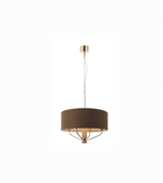 Chandelier with brown shade and gold accents on a white background