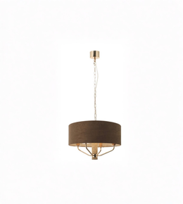 Chandelier with brown shade and gold accents on a white background