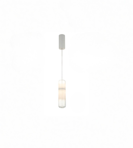 Minimalist pendant light with a white shade on a white background