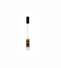 Pendant light with black fixture and gradient glass shade on a white background