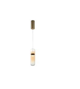 Modern pendant light with gold fixture and glass shade on a white background