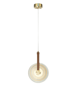 Modern pendant light with wooden accent on a white background