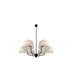 Chandelier with white lampshades and black metal fixture on a white background