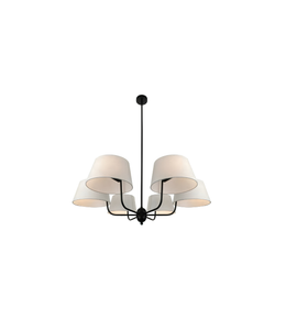 Chandelier with white lampshades and black metal fixture on a white background