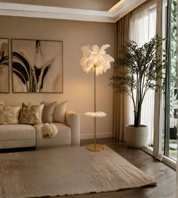 Modern living room with a stylish floor lamp, sofa, and decorative elements.