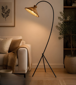 Floor lamp in a living room with a couch and plant