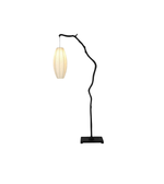 Modern floor lamp with black curved arm and white lampshade on a white background
