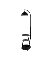 Black metal stand with a wooden block on a white background