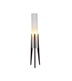 Floor lamp with a white shade and wooden legs on a white background