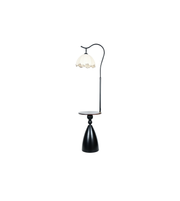 Floor lamp with black base and floral-patterned shade on a white background