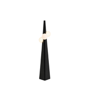 Black floor lamp with three spherical lights on a white background