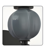 Detailed view of the sculptural blue-gray glass sphere accent mounted on a minimalist black fixture.