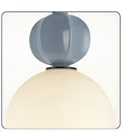 Two-toned lamp with a blue upper shade and white lower shade on a white background